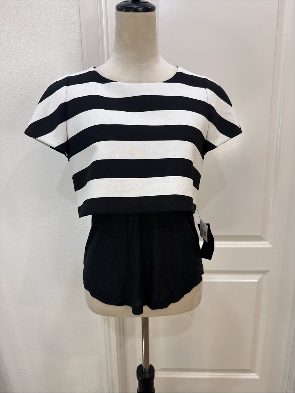 Maje Black and White Striped Crop Top with Black Built in Tank Top. NWT